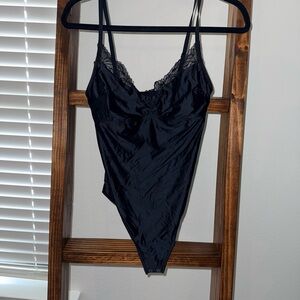 Gilly Hicks Black Satin Lace-Trim Bodysuit
